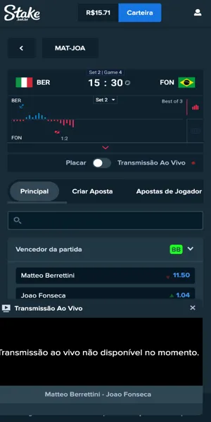 Imagem durante transmiss&atilde;o ao vivo de um jogo de t&ecirc;nis na Stake