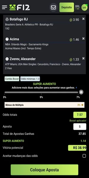 Imagem do bilhete de aposta com o benef&iacute;cio da m&uacute;ltipla incompar&aacute;vel na F12 Bet. 
