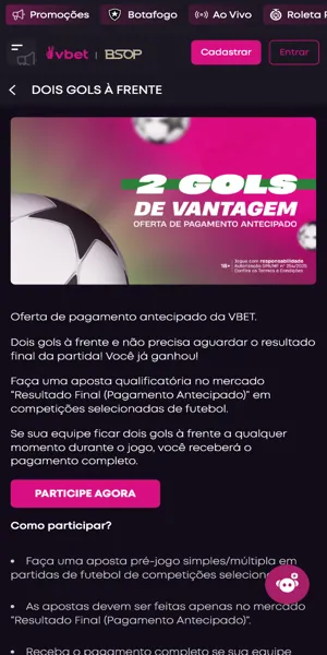 Imagem da promo&ccedil;&atilde;o de pagamento antecipado da VBet com 2 gols de vantagem para o futebol
