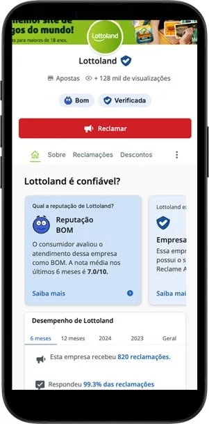 Tela com p&aacute;gina oficial da Lottoland no Reclame Aqui