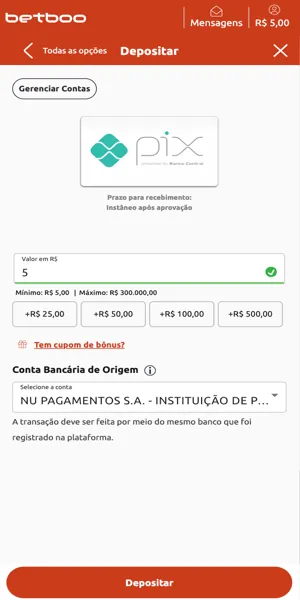 Imagem do processo de dep&oacute;sito via Pix na Betboo