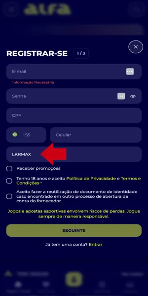 Imagem do processo de abrir conta na Alfa bet