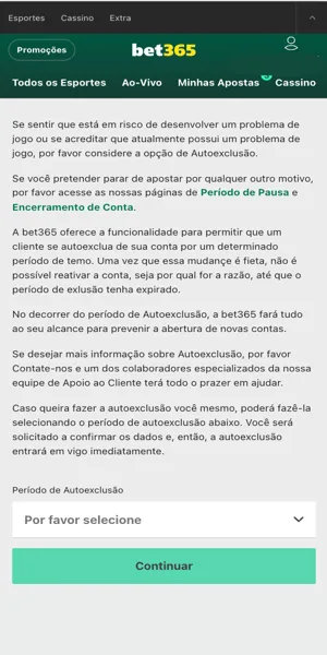 Imagem do processo de autoexclus&atilde;o na bet365
