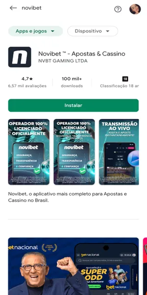 Imagem da página da Novibet na Play Store para realizar o download