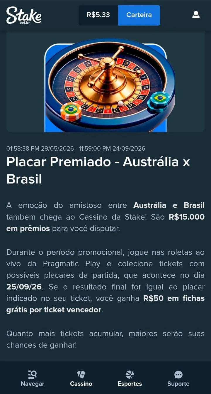 Oferta Placar Premiado na Stake