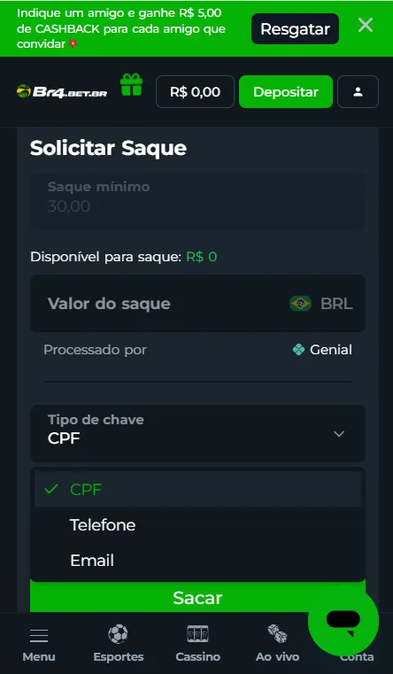 P&aacute;gina de solicita&ccedil;&atilde;o de saque na Br4Bet