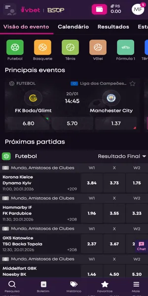 P&aacute;gina com op&ccedil;&otilde;es de apostas no aplicativo VBet