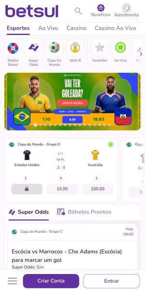 P&aacute;gina inicial da Betsul, com destaque a Brasil vs Haiti