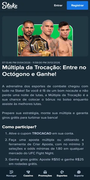 Imagem da p&aacute;gina da promo&ccedil;&atilde;o da m&uacute;ltipla nas apostas do UFC na Stake