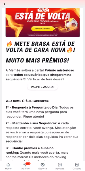 Imagem da p&aacute;gina da promo&ccedil;&atilde;o Mete Brasa, com pr&ecirc;mios de jackpot para palpites esportivos