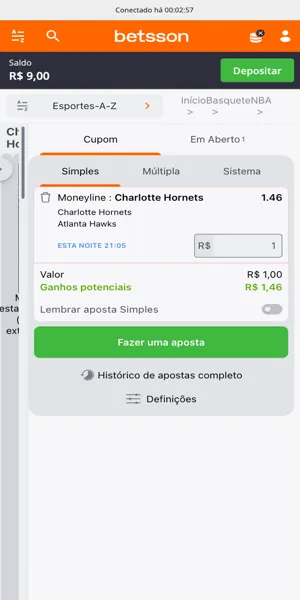 Imagem de um bilhete de aposta em basquete na Betsson
