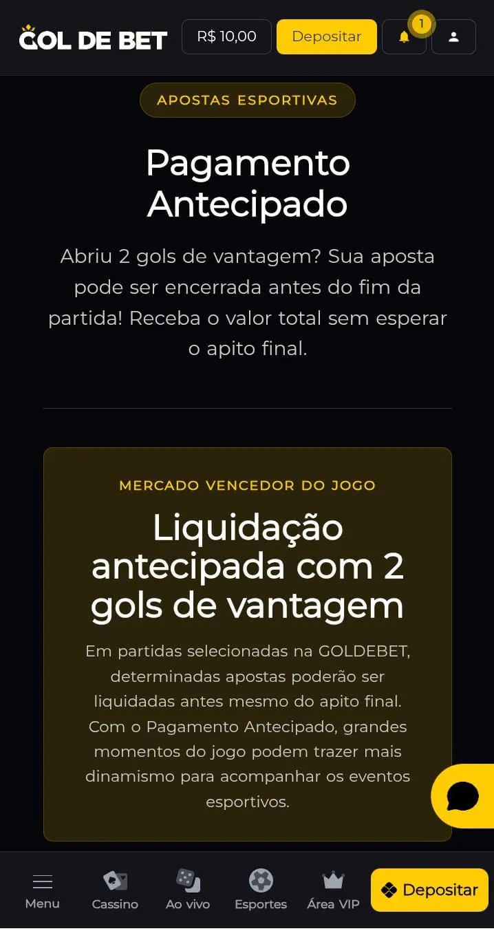 Oferta de Pagamento Antecipado da Gol de Bet

