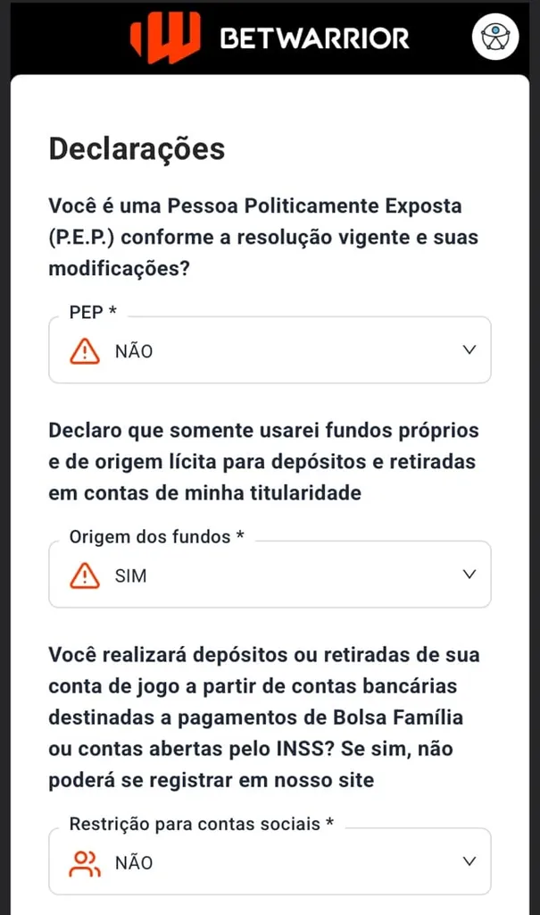 Tela para declarar informações importantes sobre pontos da regulação de apostas. 