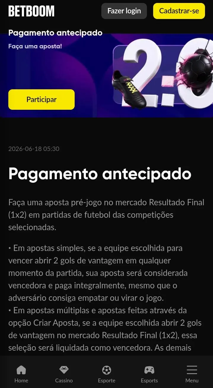Oferta de Pagamento Antecipado da Betboom