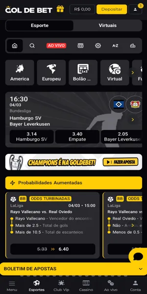 Imagem da p&aacute;gina inicial da se&ccedil;&atilde;o de apostas da Gol de Bet