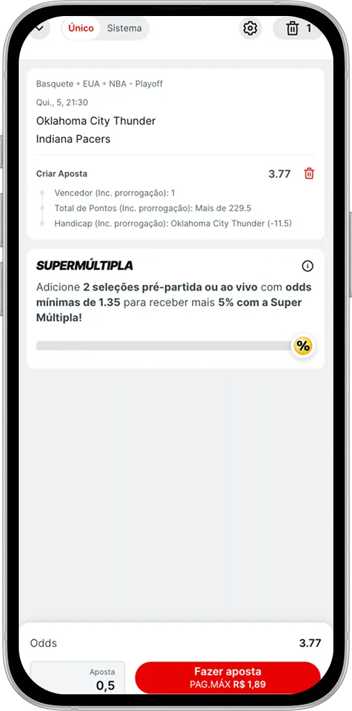 Tela com um exemplo de uma aposta realizada com a ferramenta "Criar Aposta" na Superbet.