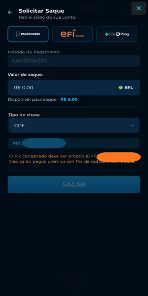 Imagem do processo de saque via Pix no Cassinopix