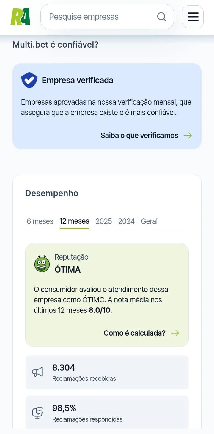 Nota da Multibet no Reclame Aqui