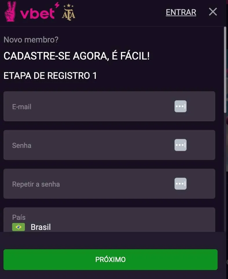 tela inicial para começar o processo de registro na VBet.
