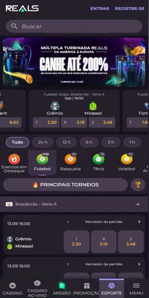 Imagem da página de apostas esportivas da Realsbet