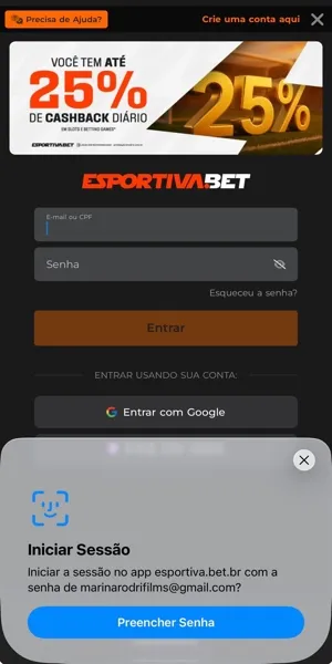 Imagem demonstrando a possibilidade de cadastrar a biometria facial para fazer login no aplicativo da Esportiva Bet