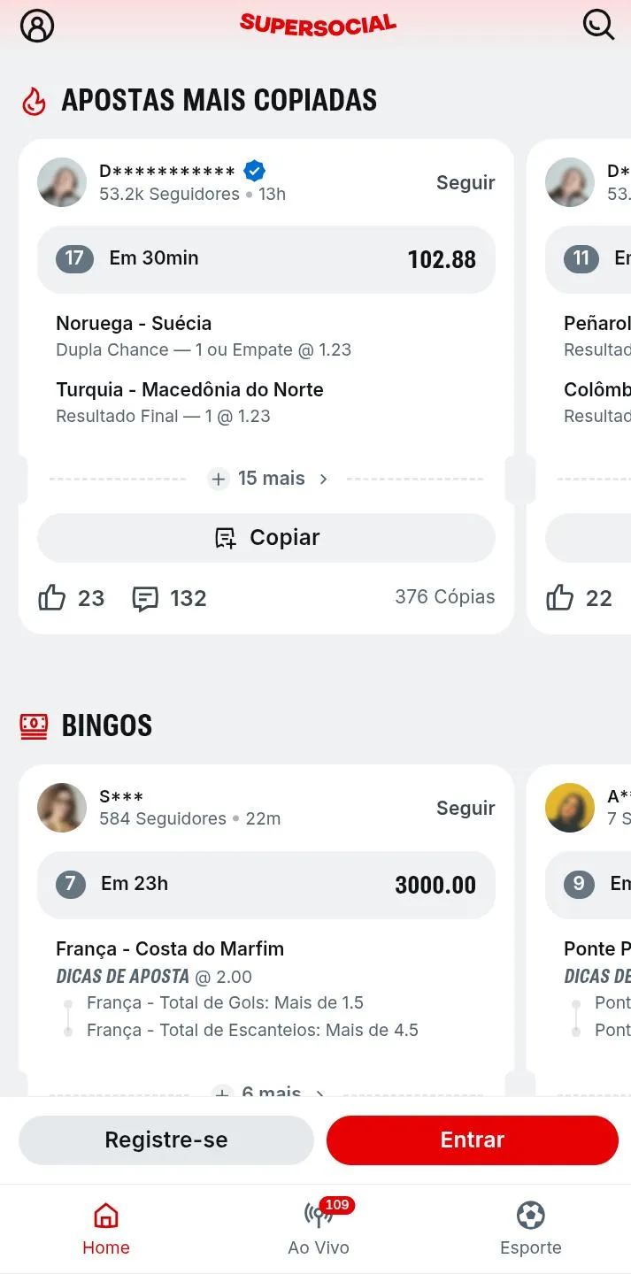 P&aacute;gina de apostas recomendadas do SuperSocial da Superbet &aacute;ra a Copa do Mundo 2026