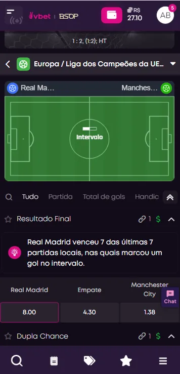  Insights da Vbet para mercados ao vivo na partida Real Madrid x Manchester City
