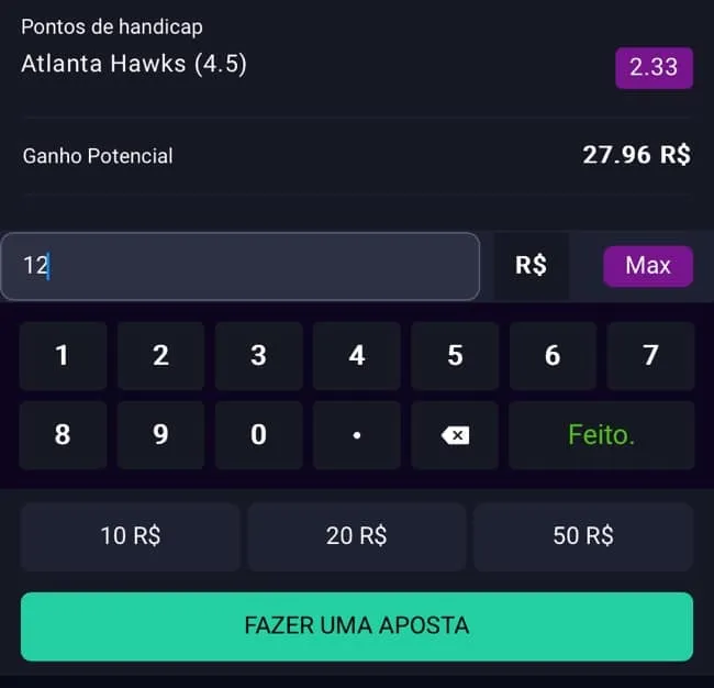 Tela mostrando como colocar uma aposta em um jogo de basquete 