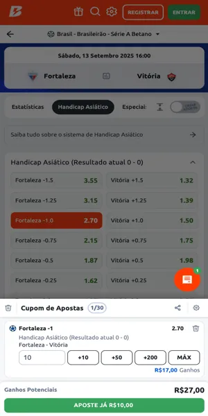 imagem com exemplo de uma aposta com handicap -1 na Betano