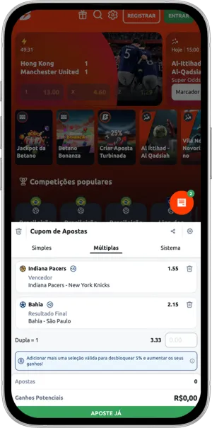 Bilhete com aposta m&uacute;ltipla em futebol e basquete na Betano