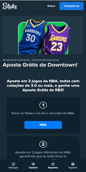 Imagem da página da promoção "Aposta Grátis de Downtown" para jogos da NBA na Stake