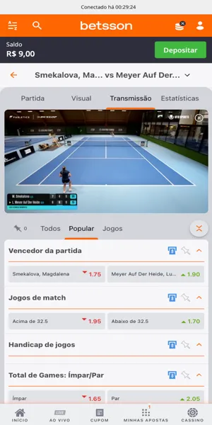 Imagem da transmiss&atilde;o ao vivo de uma partida de t&ecirc;nis na Betsson