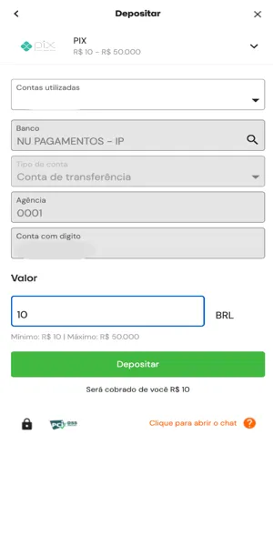 Imagem do processo de dep&oacute;sito via Pix na Betsson