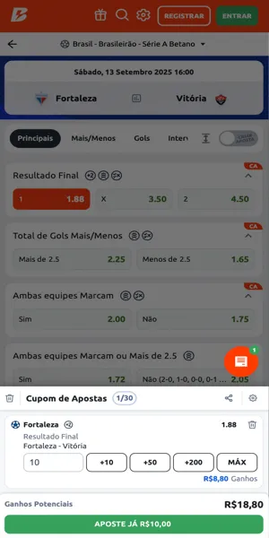 Exemplo de aposta na Betano em um jogo do Brasileirão Série A