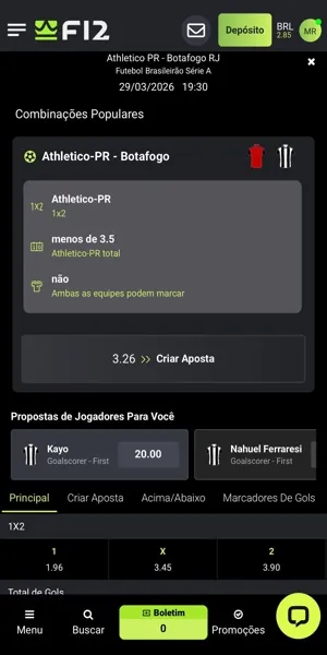 Imagem com op&ccedil;&otilde;es de apostas no jogo entre Athletico Paranaense x Botafogo