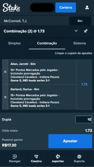 Imagem com um bilhete de aposta criado com o recurso "Criar Aposta" dispon&iacute;vel no aplicativo da Stake