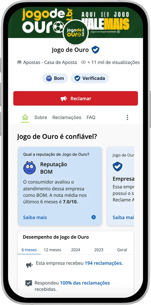 P&aacute;gina oficial da Jogo de Ouro na plataforma Reclame Aqui.