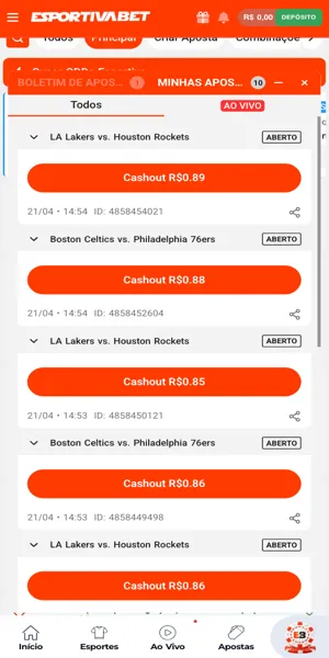 Imagem com bilhetes de apostas realizados em jogos da NBA na Esportivabet