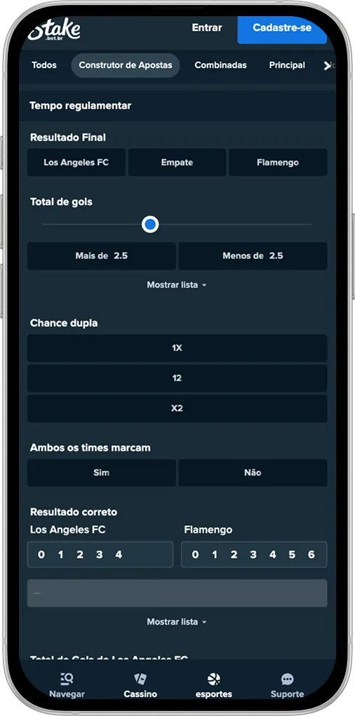 Tela com op&ccedil;&otilde;es dispon&iacute;veis para criar aposta na Stake.