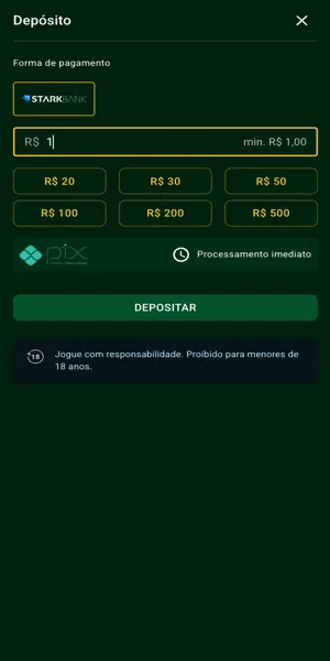 Imagem da tela de processo de dep&oacute;sito via Pix na Jogo de Ouro