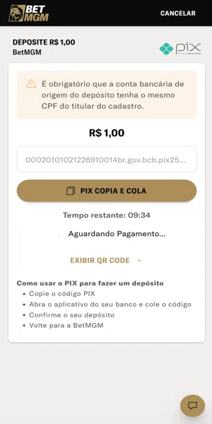 Imagem do processo de dep&oacute;sito via Pix na BetMGM