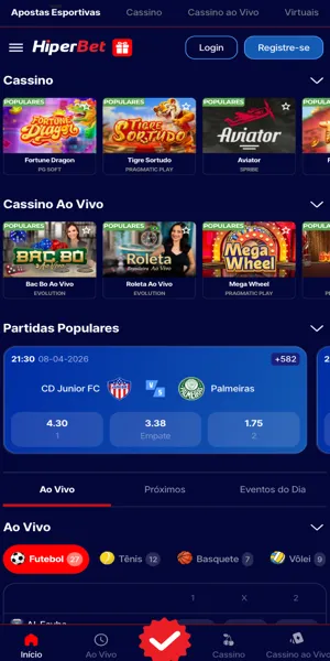 Imagem da tela inicial da Hiperbet com op&ccedil;&otilde;es de cassino em destaque antes das apostas esportivas