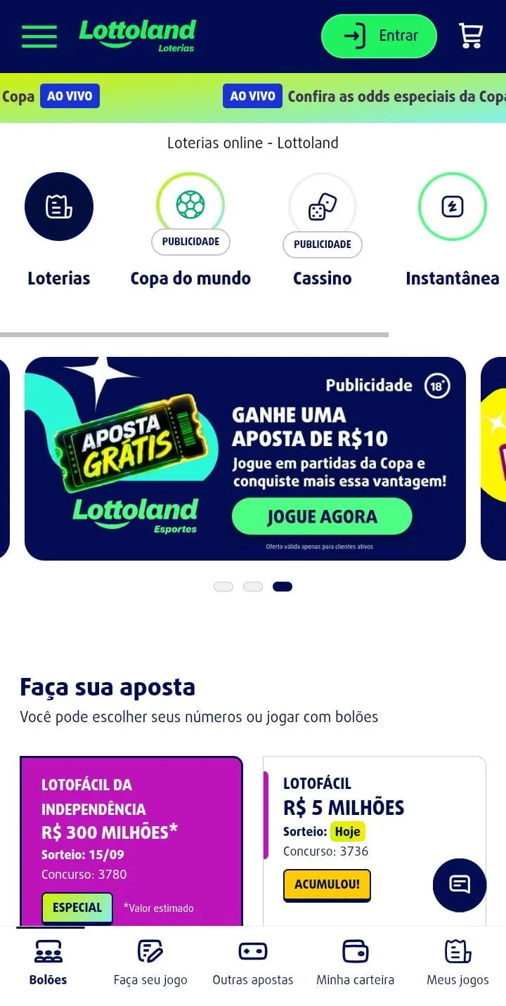 P&aacute;gina de apostas da Lottoland