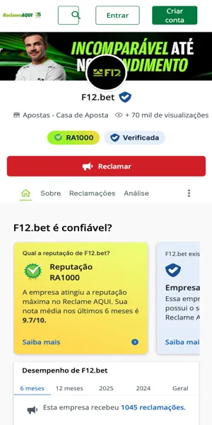 Imagem da p&aacute;gina oficial da F 12 Bet no Reclame Aqui e o selo RA1000 para sua reputa&ccedil;&atilde;o m&aacute;xima