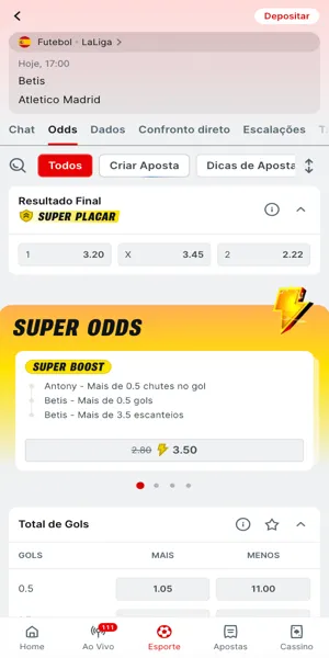 Imagem das opções de apostas na partida entre Betis x Atlético de Madrid com pagamento antecipado liberado para o mercado "Resultado Final"