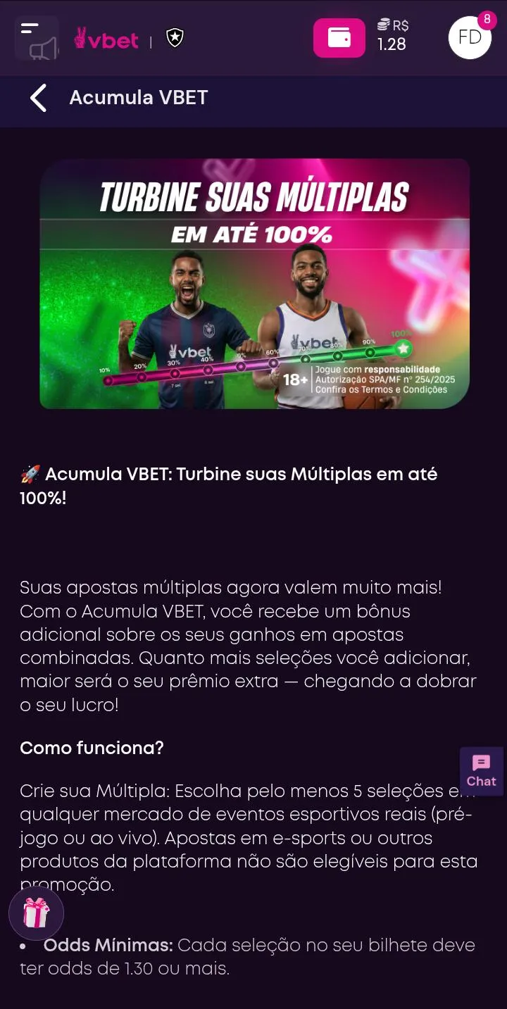 B&ocirc;nus Turbine sua M&uacute;ltipla em at&eacute; 10% da Vbet