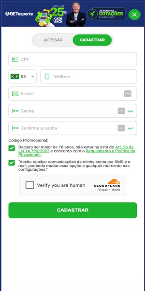 Imagem da p&aacute;gina de cadastro da Betesporte