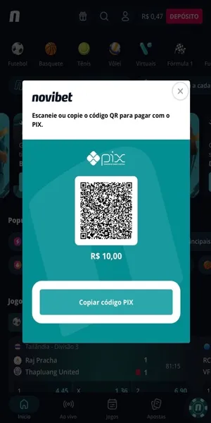 Imagem do processo de dep&oacute;sito via Pix na Novibet