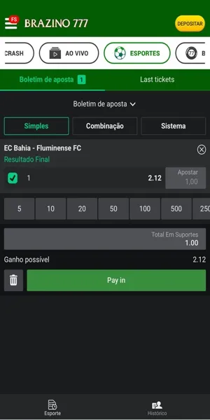 Imagem com exemplo de aposta esportiva com stake mínima de R$1