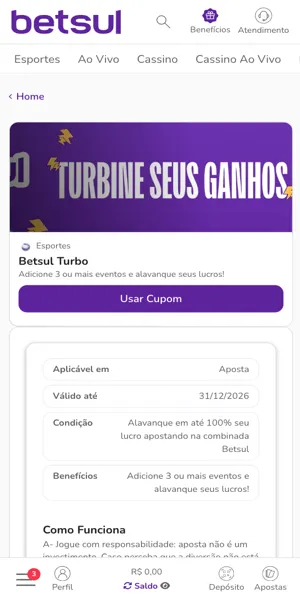 P&aacute;gina da promo&ccedil;&atilde;o Betsul Turbo
